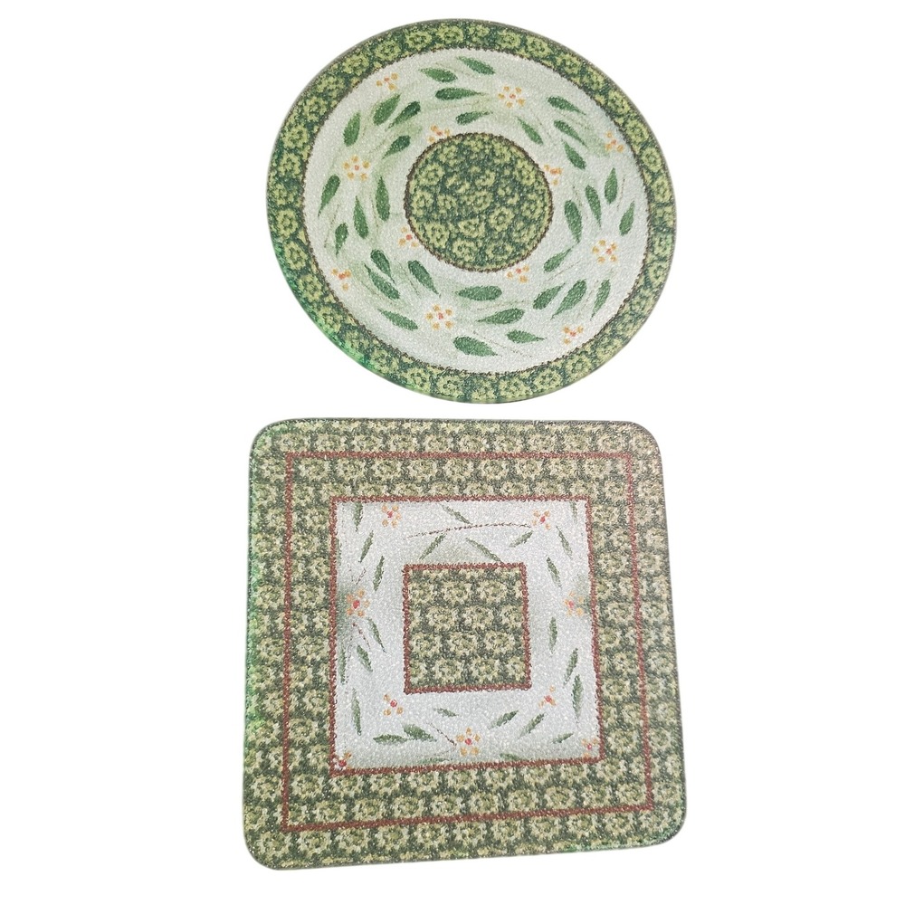 Temptations Old World Vintage Green Tempered Glass Trivets Botanical Leaf Floral